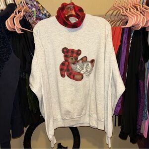90s Gopher Sport grey sweatshirt with red plaid bear and kitten design